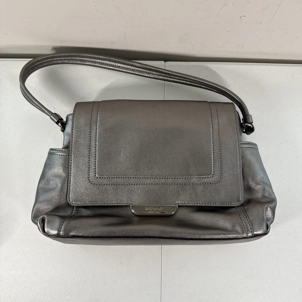 Kate Spade Purse Silver Metallic Tote‎ Shoulder Bag Magnetic Closure Side Pocket